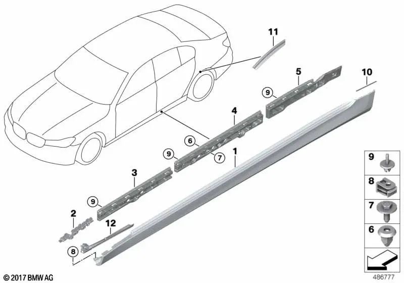 Primed right side protection for BMW 7 Series G12, G12N (OEM 51778064984). Original BMW.