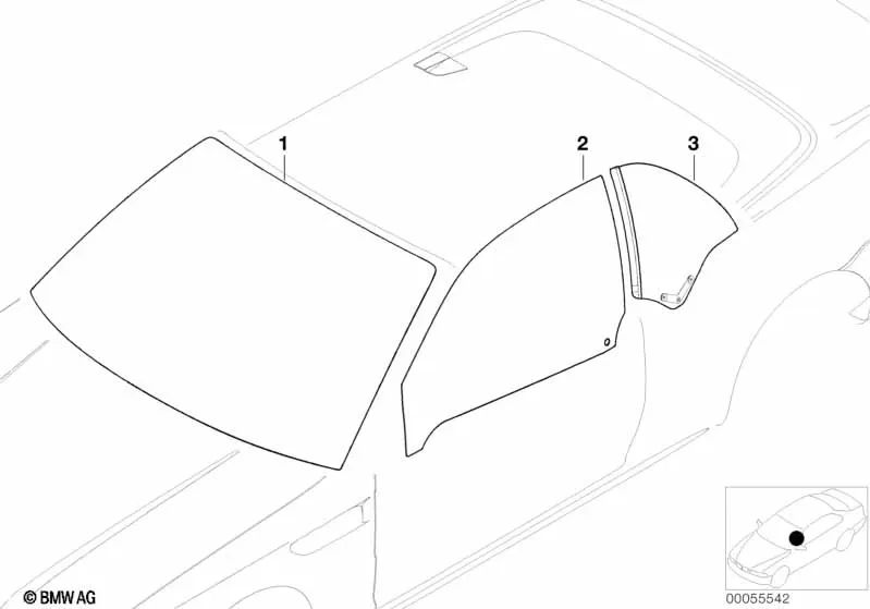 Cristal lateral verde izquierda para BMW Serie 3 E46 (OEM 51368209423). Original BMW