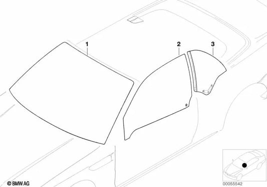 Cristal lateral verde izquierda para BMW Serie 3 E46 (OEM 51368209423). Original BMW
