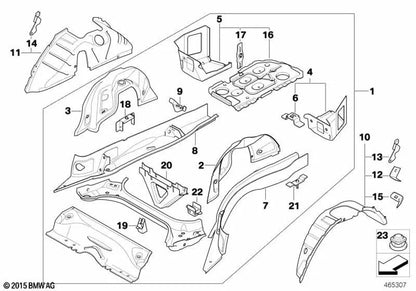 Rear wheel housing left inner half for BMW E81, E82, E87, E87N, E90, E91, E92, E84 (OEM 41147460557). Original BMW.