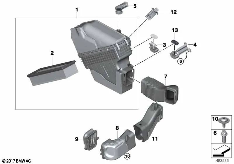 Eintrittsgeräusch -Schalldämpfer für BMW 5 F10N -Serie, F11N, X3 F25, X4 F26, X5 F15 (OEM 13718519138). Original BMW.