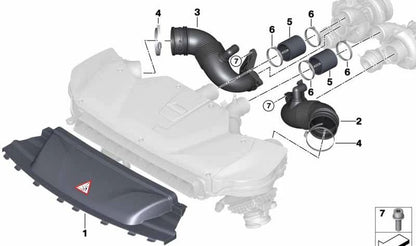 Manguito de admisión de aire OEM 13717848381 para BMW X5 F85 y X6 F86. Conduce aire limpio al motor y garantiza un rendimiento óptimo. Original BMW.