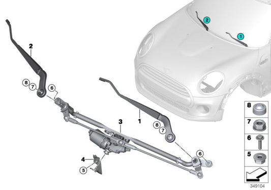 Varillaje limpiaparabrisas con motor OEM 61617419788 para MINI F56, F55, F57, F56 BEV, F56 LCI... y más. Original MINI.