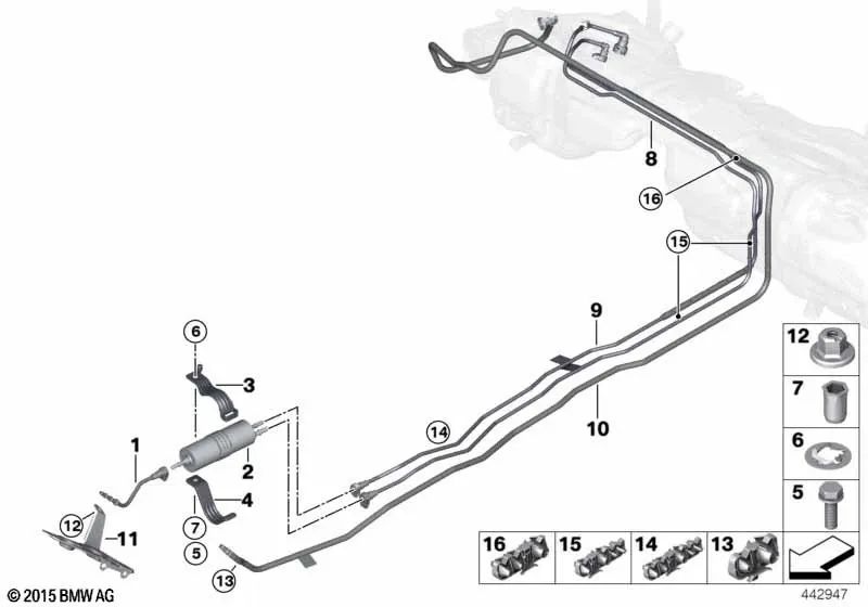 Rear fuel supply pipe for BMW 3 Series F34, F34N, 4 Series F33 (OEM 16127347338). Original BMW.