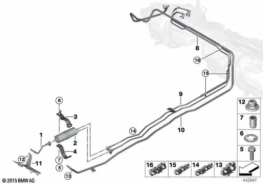Rear fuel supply pipe for BMW 3 Series F34, F34N, 4 Series F33 (OEM 16127347338). Original BMW.