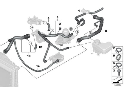 Manguera de refrigeración OEM 11537805356 para BMW E60, E61 520d. Original BMW.
