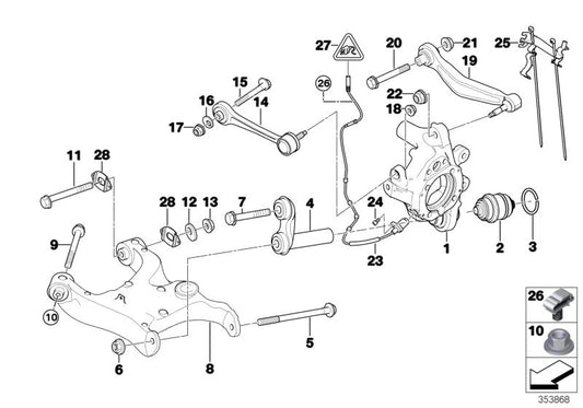Repair Kit right suspension arm OEM 3332234884 for BMW E60 {520d, 523i, 525d, 525i, 530d, 530i}. Original BMW.