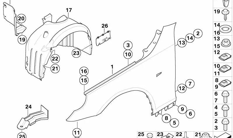Cubierta del paso de rueda delantero derecho OEM 51717033750 para BMW E60, E61. Original BMW.