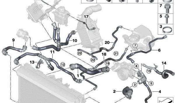 Manguera del Radiador de Refrigerante para BMW Serie 5 G30, G31N, Serie 7 G11, G12, Serie 8 G14, G15, G16 (OEM 17128602677). Original BMW
