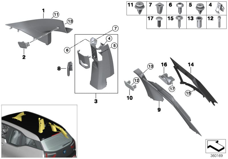 Embellecedor izquierdo del pilar A OEM 51437376213 para BMW i3 (I01) modelos 60Ah, 94Ah, 120Ah y versiones Rex. Válido desde 2013 hasta 2022. Original BMW.