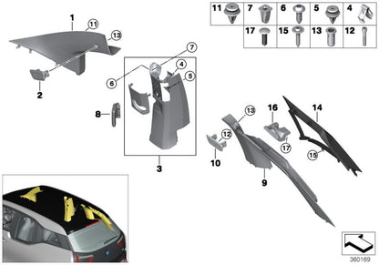 Embellecedor izquierdo del pilar A OEM 51437376213 para BMW i3 (I01) modelos 60Ah, 94Ah, 120Ah y versiones Rex. Válido desde 2013 hasta 2022. Original BMW.