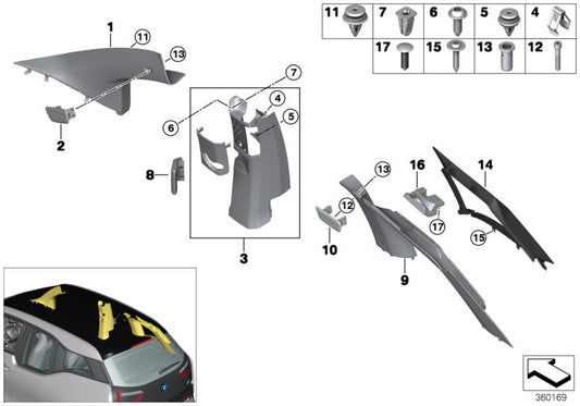 Embellecedor izquierdo del pilar A OEM 51437376213 para BMW i3 (I01) modelos 60Ah, 94Ah, 120Ah y versiones Rex. Válido desde 2013 hasta 2022. Original BMW.