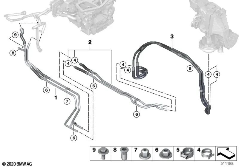 Tubo líquido refrigerante bajo piso OEM 64216821662 para BMW X7 G07, X7 G07 LCI, ALPINA XB7. Original BMW.