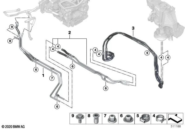 Tubo líquido refrigerante bajo piso OEM 64216821662 para BMW X7 G07, X7 G07 LCI, ALPINA XB7. Original BMW.