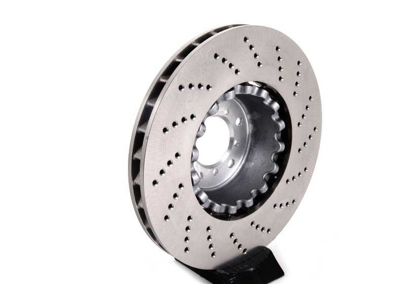 Disco de freno ventilado y perforado izquierdo OEM 34112282805 para BMW E60, E61, E63, E64. Original BMW.