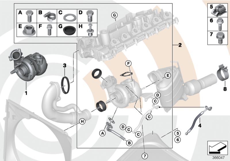 Kit de montaje para turbo OEM 11652348523 para BMW E60, E61 (525d, 530d) y E53 (X5 3.0d). Incluye juntas, tornillos y accesorios necesarios. Original BMW.