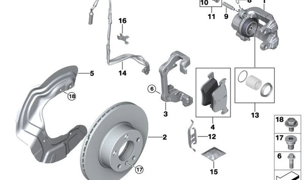 Pinza de freno derecha OEM 34116776528 para BMW E81, E82, E87, E88, E90, E91, E92, E93. Original BMW.