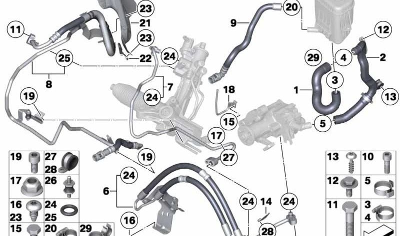 Tubo de retorno de dirección asistida OEM 32416776436 para BMW F07, F10, F11, F01, F02. Original BMW.
