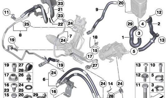 Tubo de retorno de dirección asistida OEM 32416776436 para BMW F07, F10, F11, F01, F02. Original BMW.