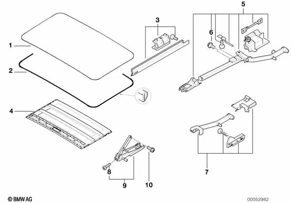 Tapa de techo corredizo levadizo vidrio OEM 54138408047 para BMW X5 (E53). Original BMW.