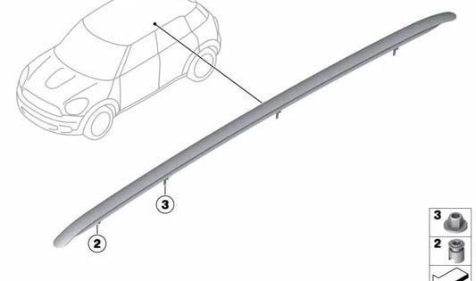Baca de techo derecha negra OEM 51139812898 para MINI R61 {Cooper, Cooper D, Cooper S, Cooper S ALL4}. Original MINI.