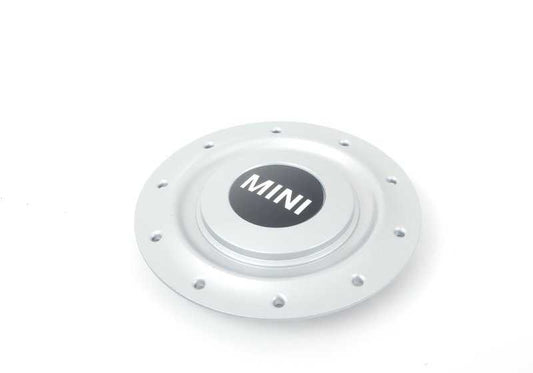 Tapacubos central plateado OEM 36131512572 para MINI R50, R52, R53. Diámetro 154,8 mm. Original MINI.