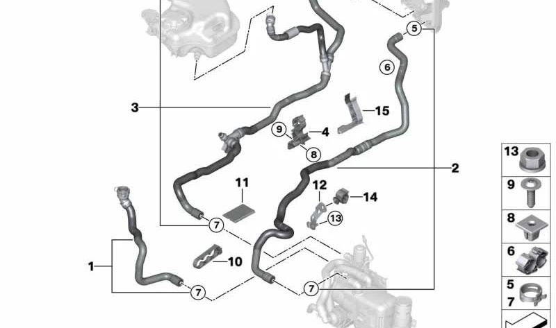 Manguera de refrigerante de retorno OEM 64219868364 para BMW G30, G31, G11, G12. Original BMW.