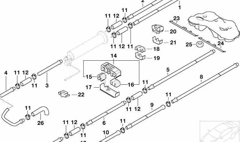 Conducto de combustible delantero trasero para BMW Serie 7 E38 (OEM 16121184172). Original BMW.