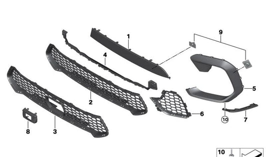 Clip rejilla lateral izquierda OEM 51118081637 para BMW X6 M Competition F96. Compatible con modelos F96 (CY01, CY02) de 2019 a 2023. Original BMW.