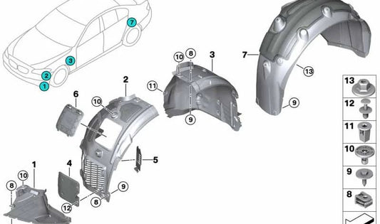 Guardabarros trasero izquierdo OEM 51719491755 para BMW G31 (520e, 530e, 530e xDrive). Compatible con modelos fabricados entre 2020 y 2024. Recambio original BMW.