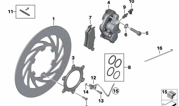 Pinza de freno delantera izquierda sin pastillas OEM 34117716715 para BMW Motorrad F 700 GS, F 800 GS, F 800 GS Adventure, G 650 GS, G 650 GS Sertão. Original BMW Motorrad.