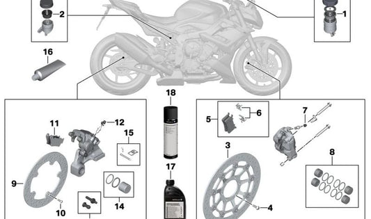 Juego de fijación de forros de freno delantero OEM 34117914737 para motos BMW S 1000 RR, M 1000 RR, M 1000 R, M 1000 XR. Original BMW Motorrad.