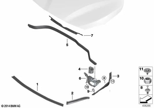Support du sceau du capot avant droit pour BMW F45, F46 (OEM 51767300520). BMW d'origine