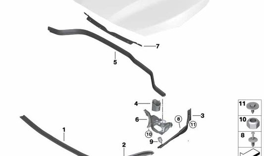 Desagüe de agua izquierdo OEM 51237393789 para BMW F45, F45N, F46, F46N. Pieza original BMW para canalización del agua en el capó delantero.
