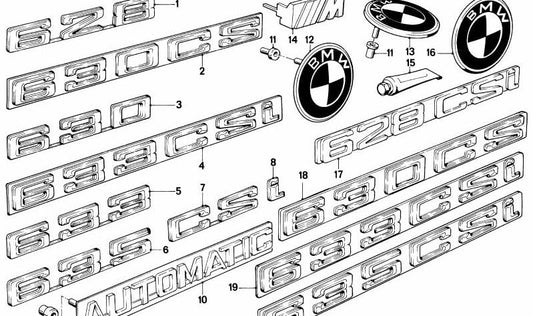 Emblema trasero "628 CSi" OEM 51141869979 para BMW Serie 6 E24 628CSi (1979–1987). Original BMW.