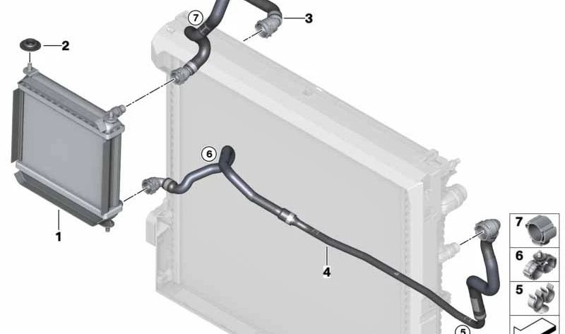 Tubo del radiador OEM 17127535549 para BMW G01, G02 (X3 M40d, M40i, xDrive30i, sDrive20i). Conector del sistema de refrigeración. Original BMW.