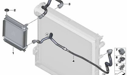 Tubo del radiador OEM 17127535549 para BMW G01, G02 (X3 M40d, M40i, xDrive30i, sDrive20i). Conector del sistema de refrigeración. Original BMW.