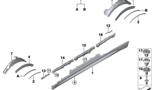 Links gedruckte Radbogenleiste für BMW F20, F20N, F22, F23, F87 (OEM 51117325715). Original BMW