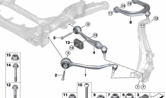 Brazo de suspensión inferior izquierdo OEM 31108833465 para BMW G18, G18N. Compatible con modelos i20, X5. Repuesto original BMW.