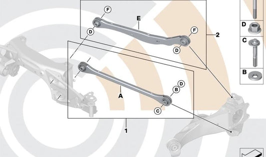 Kit de reparación brazo de suspensión trasero inferior OEM 33328843668 para BMW F40, F52, F44, F45, F45N, F46, F46N, F48, F48N, F49, F49N, F39 y MINI F54, F54N, F55, F55N, F56, F56E, F56F, F56N, F57, F57F, F57N, F60, F60N. Original BMW y MINI.