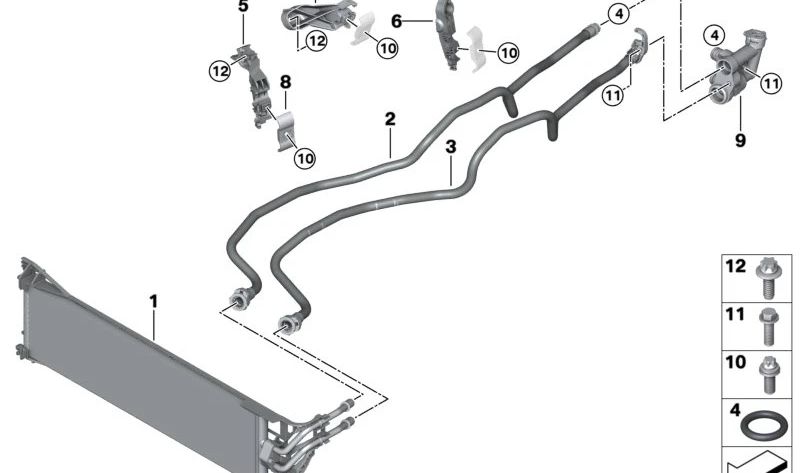 Soporte de tubería de refrigeración de aceite de la caja de cambios OEM 17227936454 para BMW G30, G31, G32, G12, G14, G15, G16, G01, G02, G05, G06, G07, G18. Original BMW.