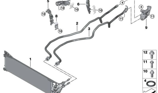 Soporte de tubería de refrigeración de aceite de la caja de cambios OEM 17227936454 para BMW G30, G31, G32, G12, G14, G15, G16, G01, G02, G05, G06, G07, G18. Original BMW.