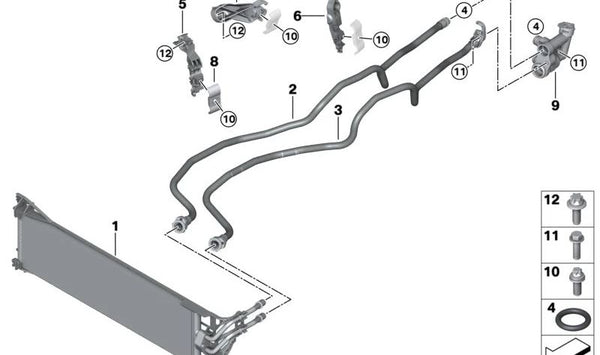 Soporte de tubería de refrigeración de aceite de la caja de cambios OEM 17227936454 para BMW G30, G31, G32, G12, G14, G15, G16, G01, G02, G05, G06, G07, G18. Original BMW.