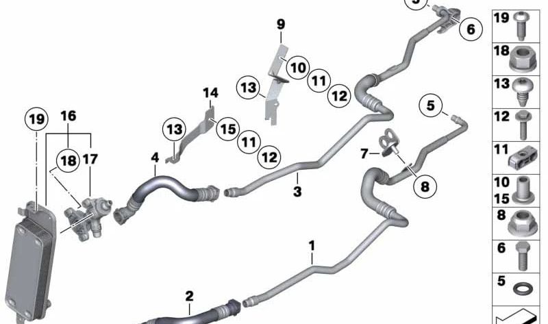 Tubería de aceite del enfriador OEM 17227575457 para BMW F01, F02 (750i xDrive, 750Li xDrive). Original BMW.