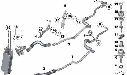 Tubería de aceite del enfriador OEM 17227575457 para BMW F01, F02 (750i xDrive, 750Li xDrive). Original BMW.