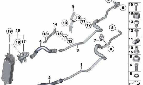 Tubería de aceite del enfriador OEM 17227575457 para BMW F01, F02 (750i xDrive, 750Li xDrive). Original BMW.