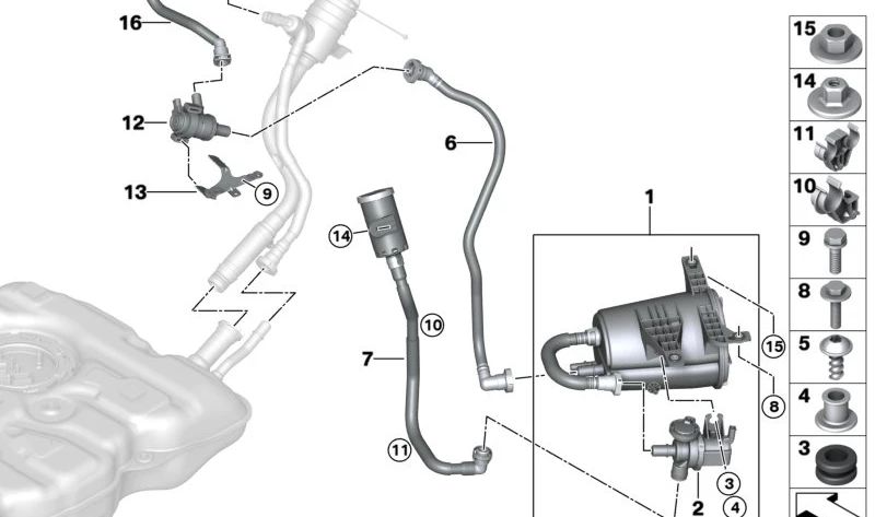 Tubo de ventilación de combustible OEM 16117378165 para BMW G30 y G30N. Original BMW.