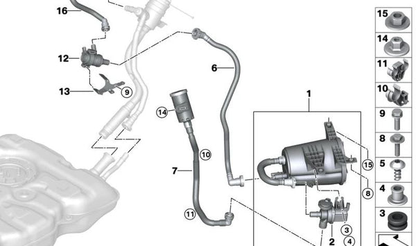 Tubo de ventilación de combustible OEM 16117378165 para BMW G30 y G30N. Original BMW.
