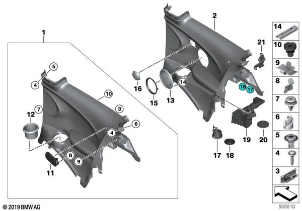 Revestimiento lateral HiFi trasero izquierdo OEM 51437410573 para MINI F56, F56 BEV, F56 LCI, F56 BEV LCI. Original MINI.