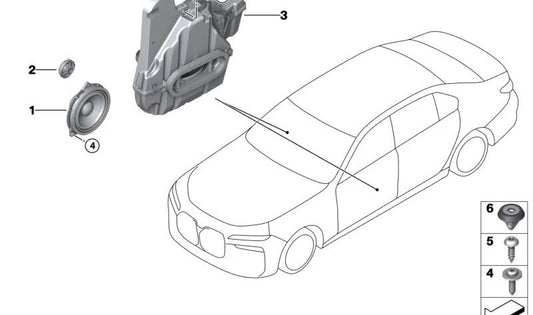 Altavoz grave puerta delantera izquierda OEM 65135A2FE31 para BMW G70 (Serie 7). Repuesto original BMW.